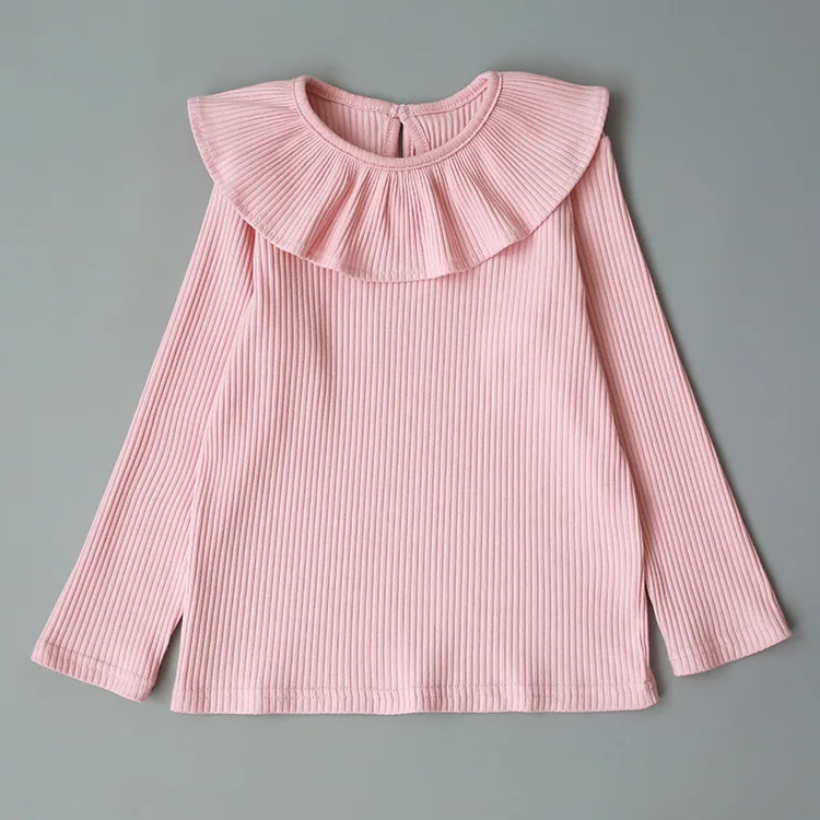 2019 Весенняя детская футболка футболки для девочек блузки в рубчик с оборками на