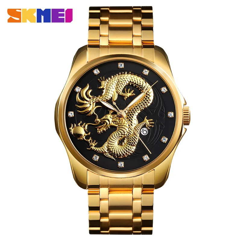 SKMEI Роскошные узор в виде китайского дракона для мужчин Золотой кварцевые часы мужской часы водостойкие наручные Relogio Masculino 9193