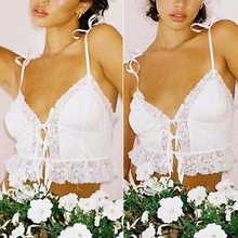 Special Offers Frill Lace Sexy Crop Tops Tees Women Front Tie Sleeveless Cami Top White V Neck Spaghetti Strap Top Party Club