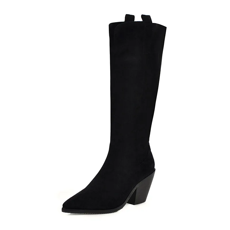 ZALAVOR Winter New Knee High Boots For Women Simple Solid Color Thick Heel Shoes Ins Hot Long Boots Women Plus Size 31-46 - Цвет: Черный