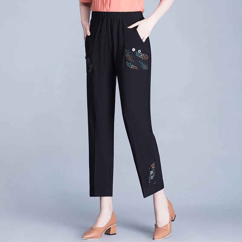 

2020 New Summer Pants Women Casual High Elastic Waist Floral Print Elegant Trousers Female Loose Straight Pants Plus Size 3XL