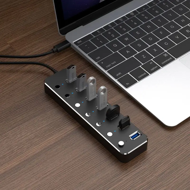 Алюминиевый USB 3,0 концентратор 7 портов USB удлинитель разветвитель с индивидуальным переключателем ВКЛ/ВЫКЛ