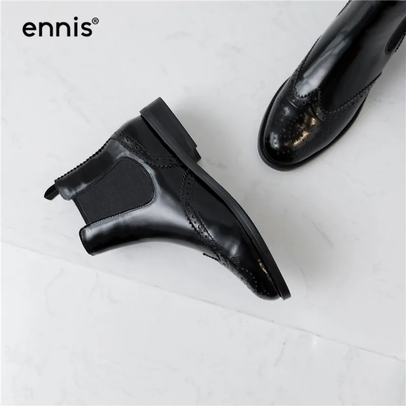 ENNIS/брендовые черные броги; женские ботинки; ботинки «Челси» из натуральной кожи; лакированные ботильоны; обувь на плоской подошве; женская модная Осенняя обувь; A9336