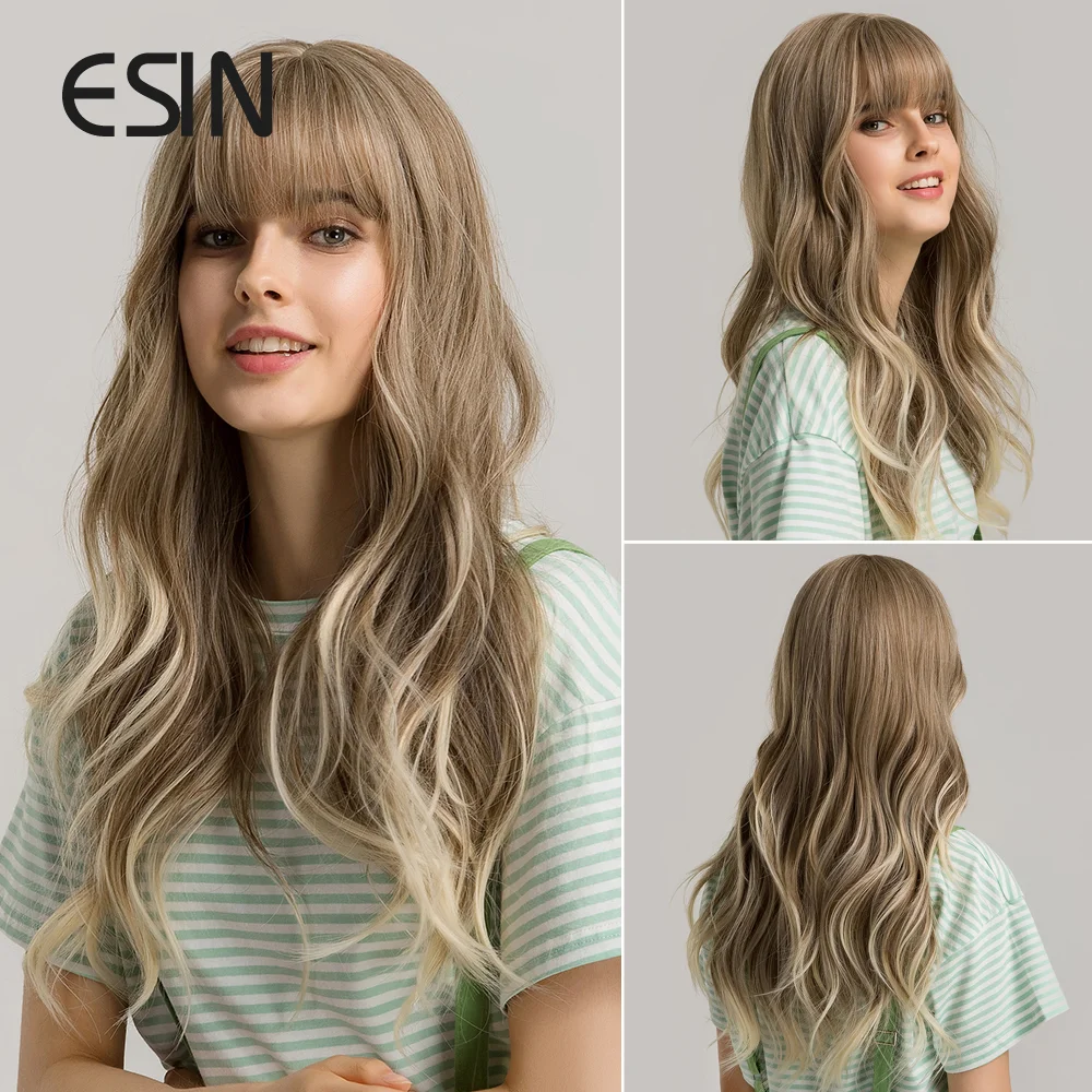 Esin Grey And Brown Ombre To Blonde Long Water Wave Wigs With Bangs