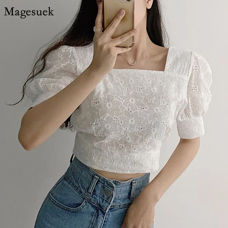 Korean Square Neck Puff Sleeve Short Shirt Summer Hollow Out Women Tops