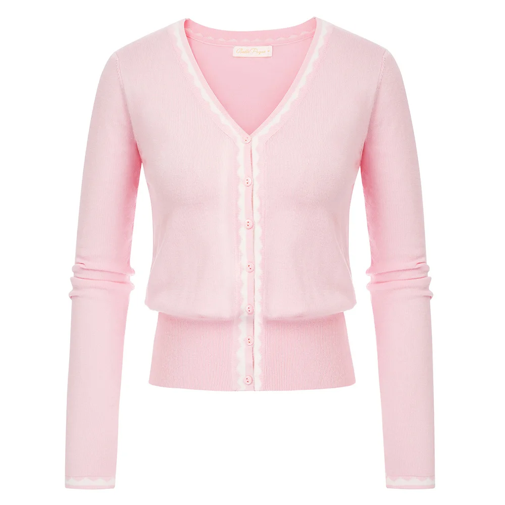 

Fashion Women Jumpers Clothes Contrast Color Cardigan Knitwear Long Sleeve V-Neck Button Ladies Female Slim Soft Sweater Pink