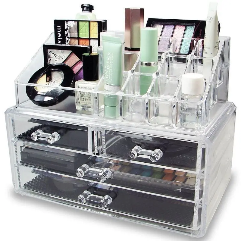 

Cosmetics Storage Rack/Shelf/Stand Makeup Organizer Case Multi-Check & 4 Drawers Integrated Acrylic Transparent[US-Stock]
