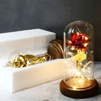 

Gold Foil Artificial Rose Flower With LED Light String In Glass Dome On Wooden Base Home Decoration The Best Gift For Women