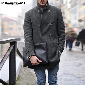 

INCERUN Winter Fashion Men Woolen Coats Long Sleeve Lapel Trench Double Breasted Business Overcoat Men Solid Color Jackets 2020