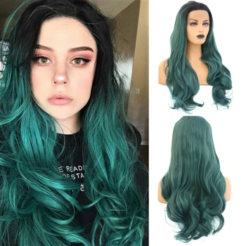 

RONGDUOYI Ombre Dark Green Woman Hair Synthetic Lace Front Wig for Women Hair Heat Natural Hairline Body Wave Long Wigs