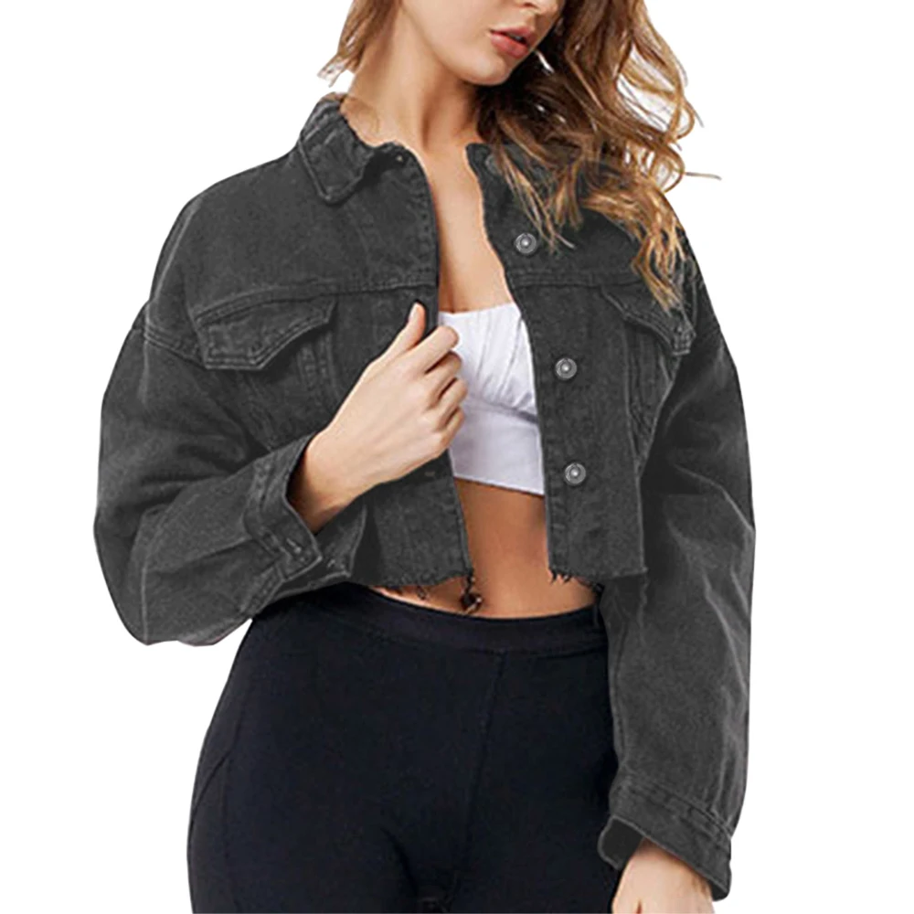 Женская Черная рваная укороченная джинсовая куртка с длинным рукавом с потертым подолом короткая джинсовая куртка Высокая уличная однобортная однотонная короткая куртка