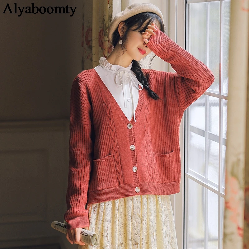 

New Japanese Mori Girl Autumn Winter Women Sweater V Neck Apricot Green Brick-Red Knitted Cardigan Cute Kawaii Elegant Outerwear