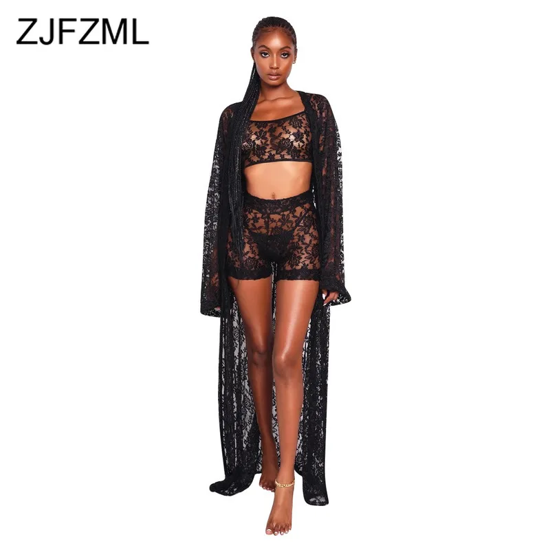 

See Through Lace 3 Piece Set Women Spaghetti Strap Crop Tops + Bodycon Shorts + Full Sleeve Long Cardigan Vintage Matching Sets