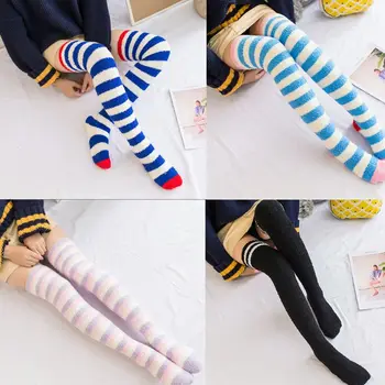 

2020 Women Girls Winter Coral Velvet Thigh High Stockings Warm Stripes Sleeping Socks