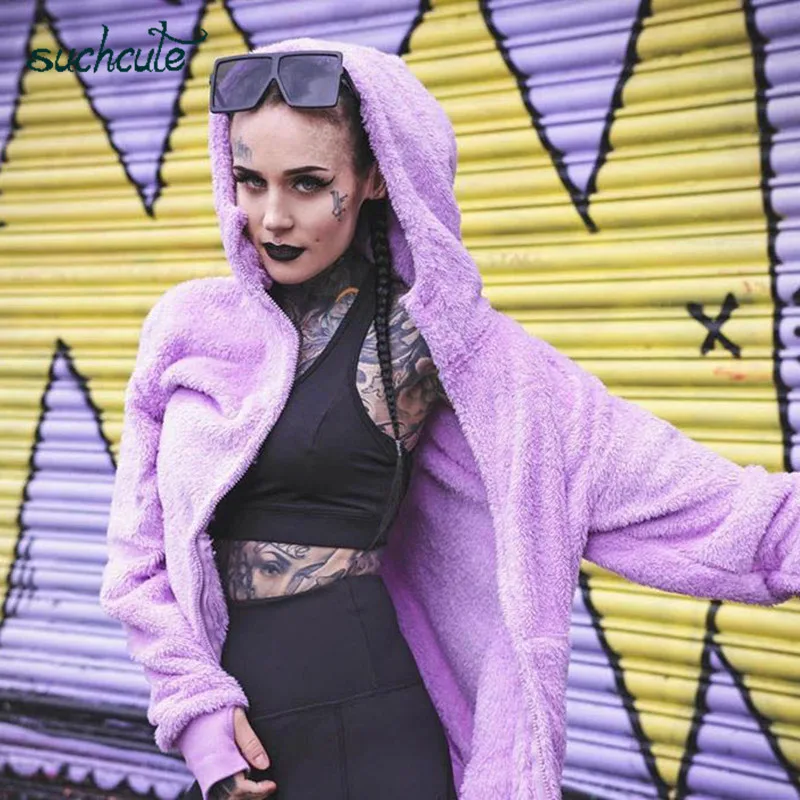

SUCHCUTE Wool Outwear Female Coats Hat Zipper Harajuku Korean Style Casual Button Autumn 2019 Manteau Femme Fluff Women Clothes