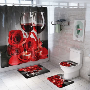 

Rose Wine Print Shower Curtain Floor Mat Anti-Slip Pad Set Bathroom Decor Valentine's Day Home Decor Toilet Mat Bathroom Rug