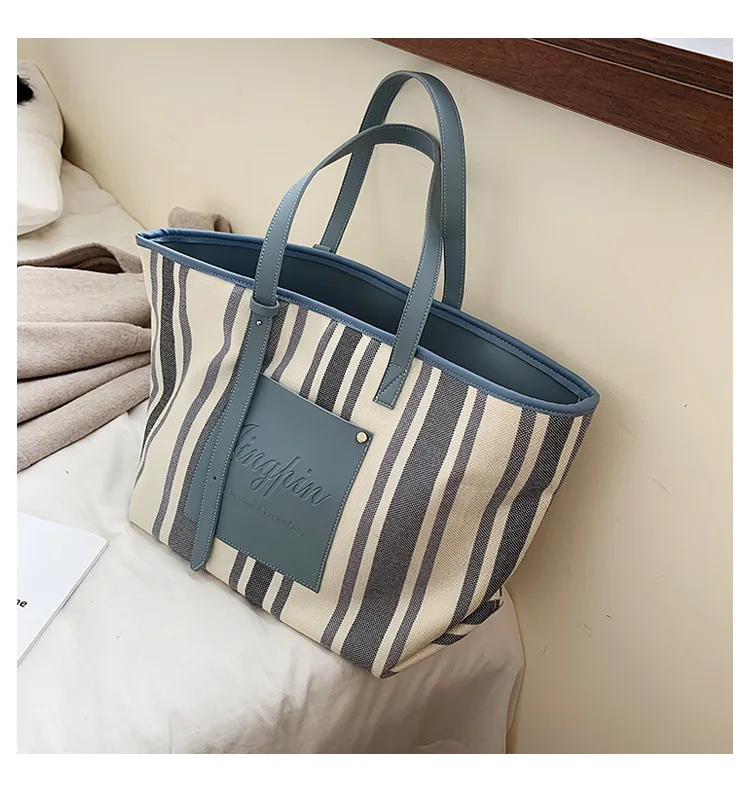 Black White Blue Stripe Handbag 2019 Extra Large Canvas Tote Bags for Women Canvas Bucket Shopper Shoulder Bag Ladies Office Bag (5)