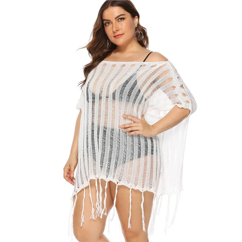 Crochet Beach Cover-ups Tassel Beachwear White Black Yellow Bikini Cover Up Solid Hollow Out Dress Tunics Plus Size Beach Wear