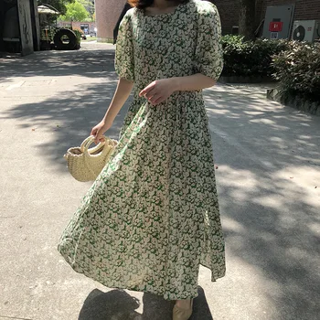 

2020 Harajuku Women Floral Dress Puff Sleeve Vintage Long Dress Sweet Elegant High Waist Dress Women Casual Loose Vestidos Femme