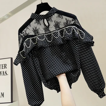 

2020 Spring Industrial Beads Polka Dot Flounced Chiffon Joint Lace Hollow Out Thin Shirt Women's Top Pullover Blouse Blusa Mujer