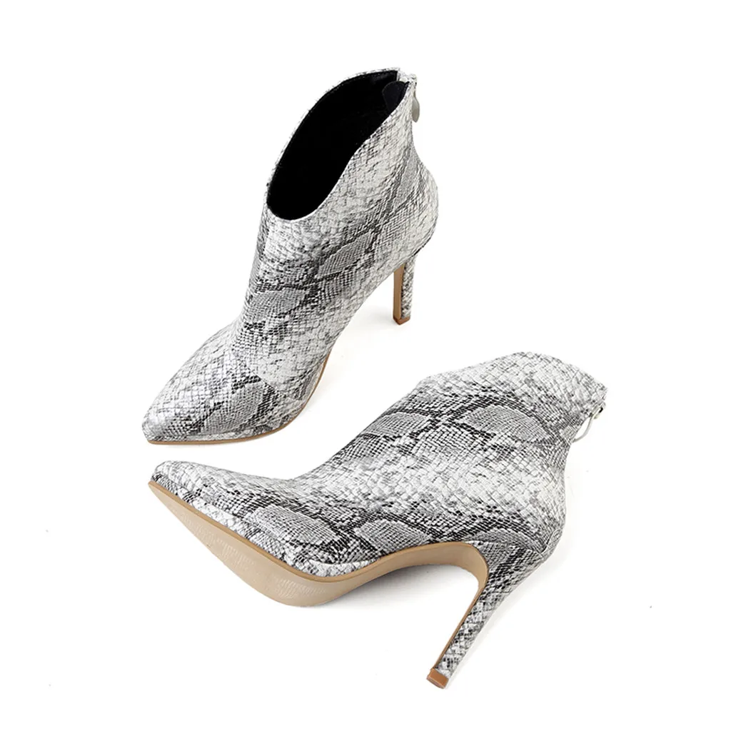 Women's Fashion Sexy High Heels Snake Pattern Booties Back Zipper Ankle Boots Pointed High Heels Women Shoes Femmes Chaussures