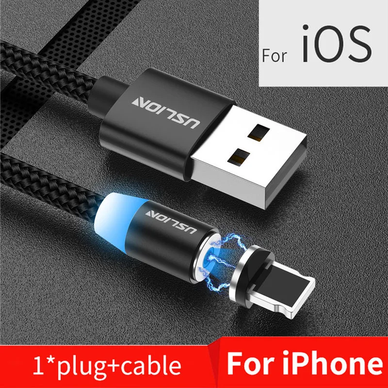Black For IOS USLION 2 м Магнитный кабель для быстрой зарядки Micro usb type C зарядное устройство для iPhone XS X 8 7 samsung S10 9 магнит Android телефонный кабель 3 м - Цвет: Black For IOS