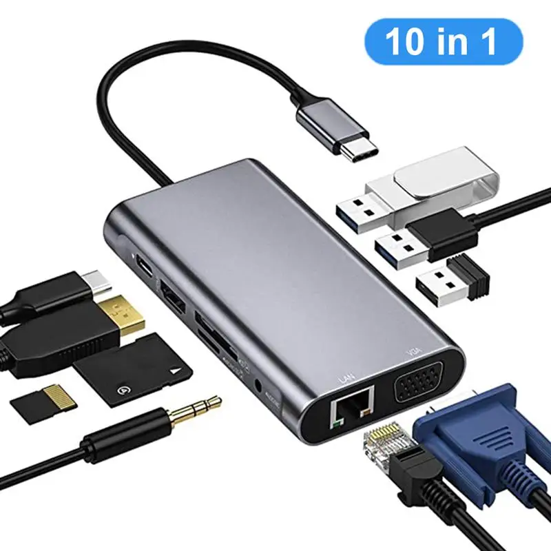 10 IN 1 Multiport: 4K HDMI, VGA, 3 USB 3.0, SD Cards, 3.5mm audio ...