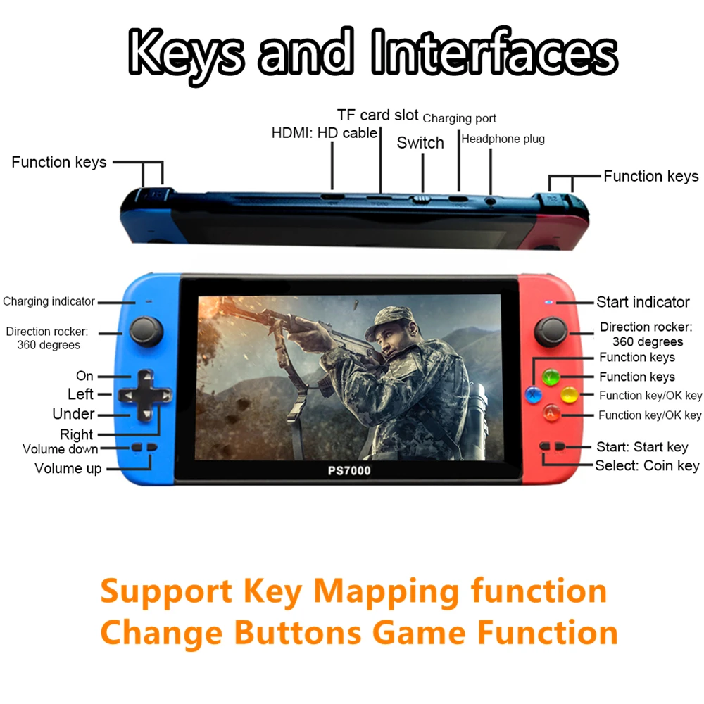 PS7000/Q900 7 inch Handheld Portable Game Console with 2 gamepads 64/128GB 5000 free games 100 ps1 games for MAME/CPS/SegaMD