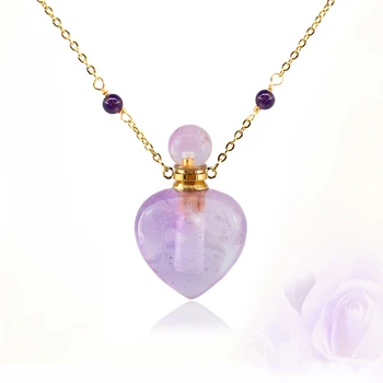 

1PC Natural Gems stone Essential Oil Diffuser Heart Perfume Bottle Amethysts Pendant Necklace Birthstone Jewelry for women