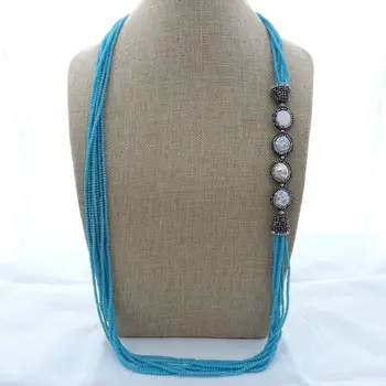 

36" 7Strands Blue Crystal White Coin Pearl Necklace Long necklace