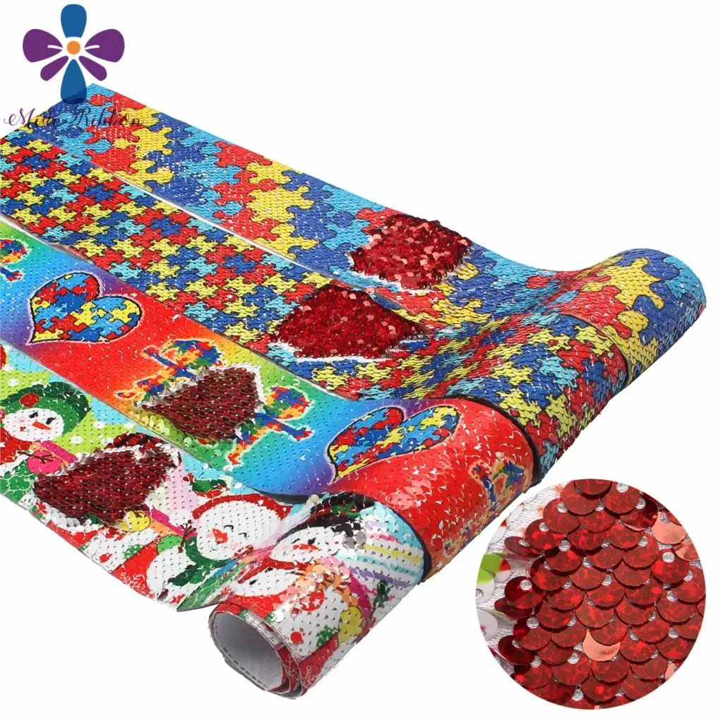 

3"75mm Puzzle Series Heart Couple Printed Double Reversible Hologram Red Sequin Ribbon Snowman DIY Christmas Party Decor 46yards