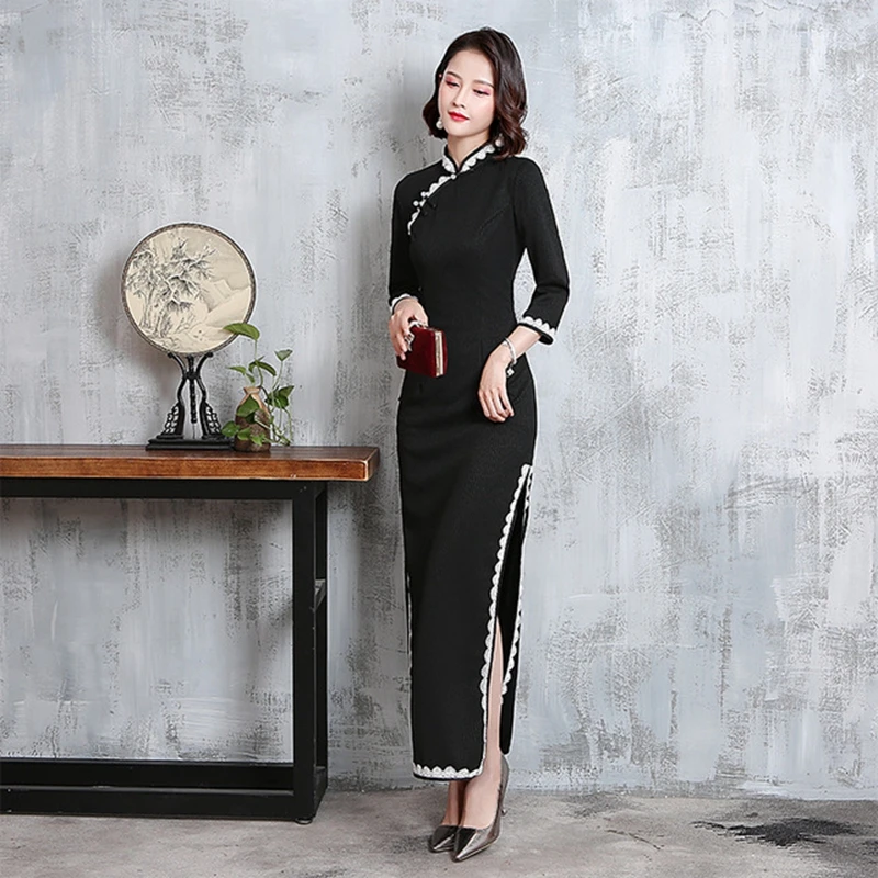 Платье с длинными рукавами, черное, модифицированное, версия cheongsam girl, было тонким, ретро, китайское, стильное, темпераментное платье, тонкое, длинное, Qipao платье