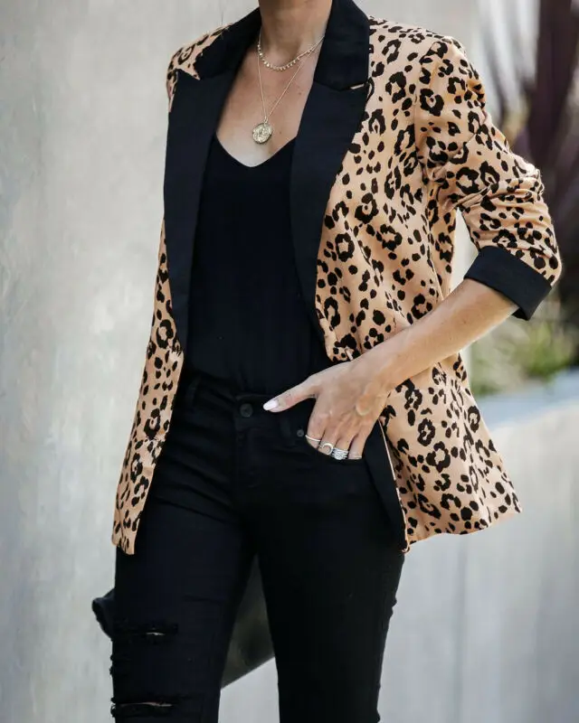 Women Winter Fashion Blazers With Stripe Leopard Jacket Casual Lapel Outwear Tops Slim OL Cardigan Suit Elegant Warm Clothes