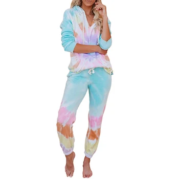

Women Pajamas Set Tie Dye Sleepwear Ladies Long Sleeve Casual Hooded Pullover Sweatshirt and Pants 2 Pieces Loungewear Homewear