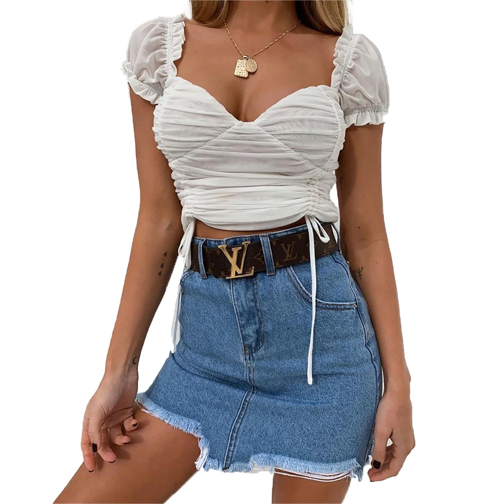 

Women Crop Top Summer Puff Sleeve Top Korean Fashion Solid Color Drawstring Slim Fit Exposed Navel T-shirt