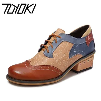 

Tuyoki British Style Genuine Leather Pumps Women Lace Up Thick Heels Brogue Shoes Leisure Dress Women Footwear Size 36-42