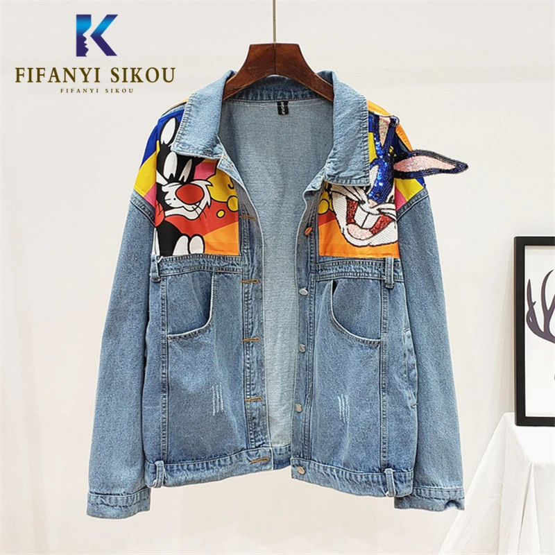 2019 Yeni Sonbahar Kadin Kot Ceket Karikatur Baski Pullu Kot Ceket Kadin Streetwear Uzun Kollu Denim Ceket Gevsek Dis Giyim Tops Jackets Aliexpress
