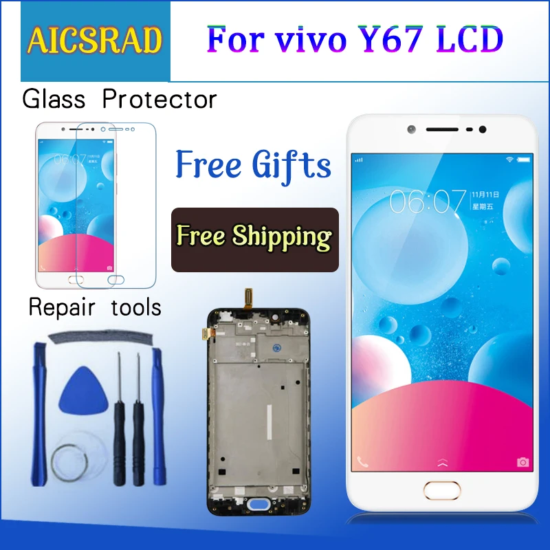 

AICSRAD 5.5" For BBK Vivo V5 1601 Full LCD display + Touch screen Digitizer assembly For BBK Vivo Y67 LCD Replacement Parts