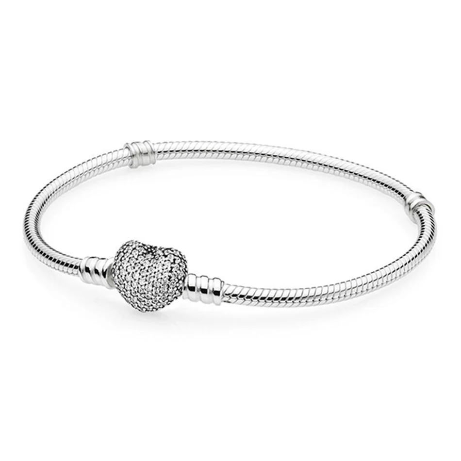 

Authentic 925 Sterling Silver Bracelet Bangle For Women Heart Pave Clear CZ Signature Clasp fit Lady Charms Jewelry