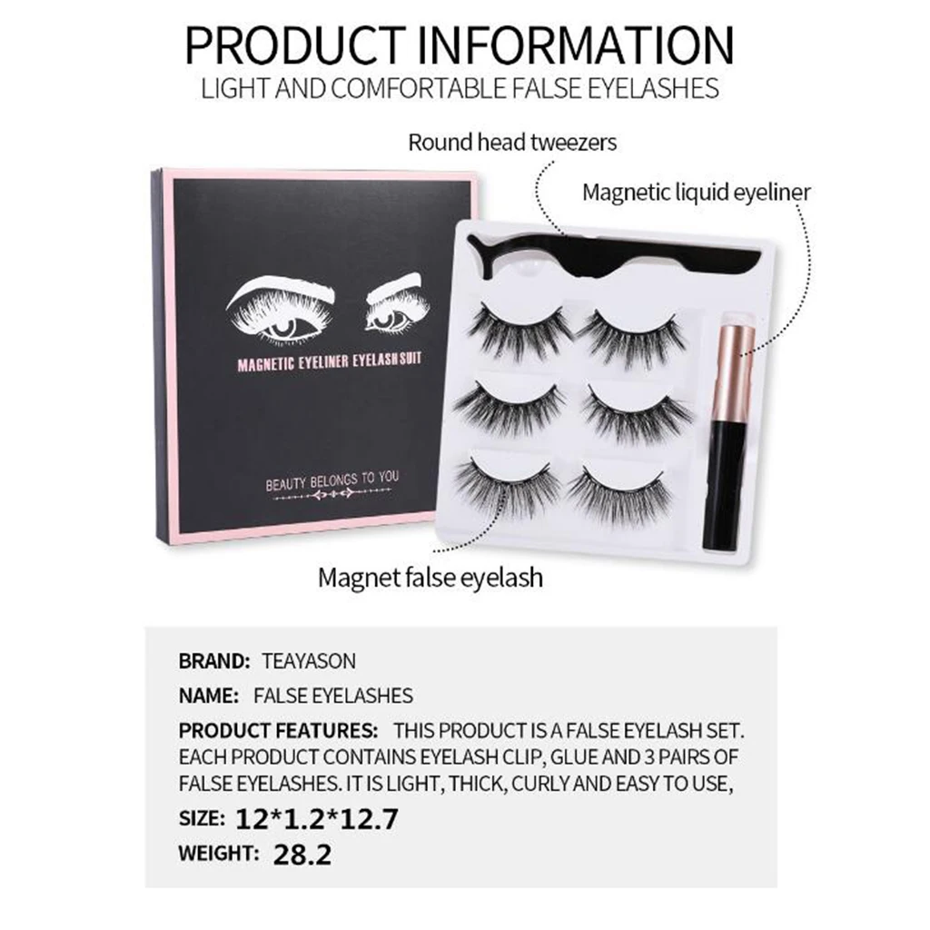 3 pairs 3D Magnetic False Eyelashes Eyeliner Magnetic Eyelashes Bushy Kit Natural Eye Lashes Extension Waterproof