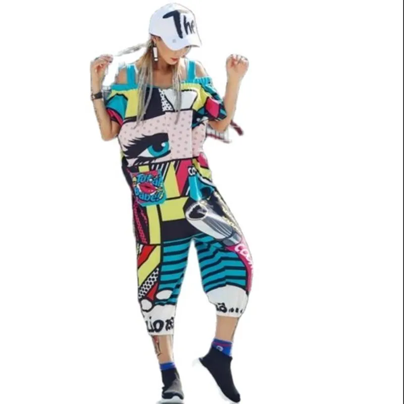 New Hip Hop Dance Pants Women Jumpsuits Off The Shoulder Strap Trousers Loose Cartoon Printed Rompers |