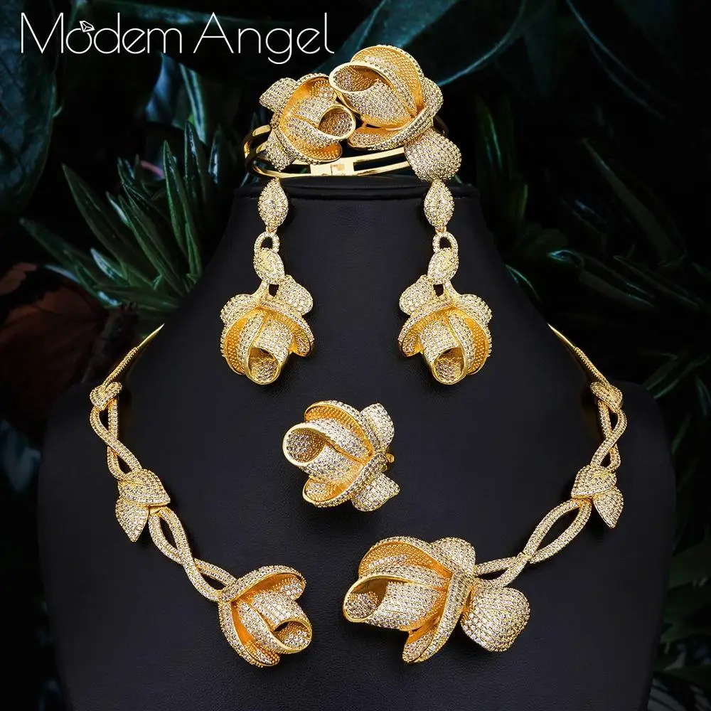 gold ModemAngel, Трендовое свадебное ожерелье, серьги для женщин, аксессуары, полный кубический цирконий, наборы свадебных ювелирных изделий, pendientes mujer moda - Окраска металла: gold