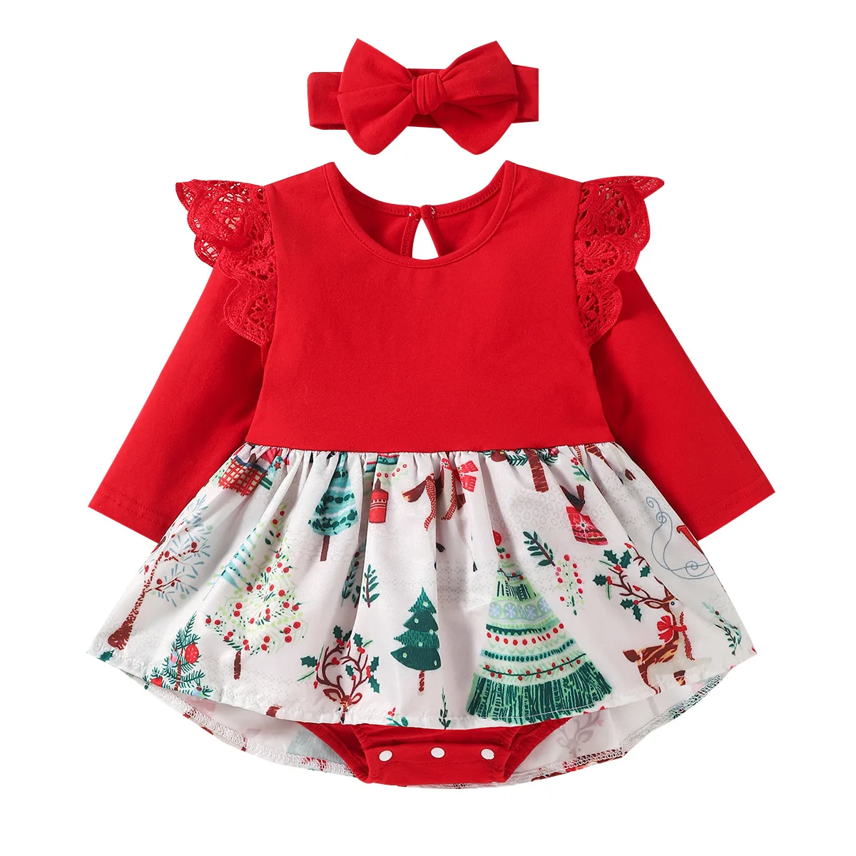My First Christmas Baby Girl Clothes Xmas Print Rompers V Neck Lace