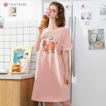 

FENTENG Summer Printed Pajamas Women Fashion Half Sleeve Round Neck Sleepwear Dress Comfortable Female Homewear Dress X98123005