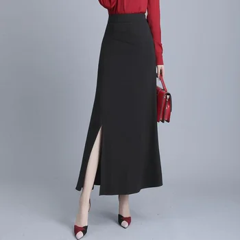 

Women Black Side Split Skirt Elegant High Waist Office Ladies Business Wear To Work Formal Skirt Autumn Pleated Long Skirt Jupe