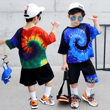 

New Children Boy Clothes Summer Suit Korean Fashion Casual Sports Short-sleeve + Shorts Medium and Large Boy Tide Hip-hop Suit