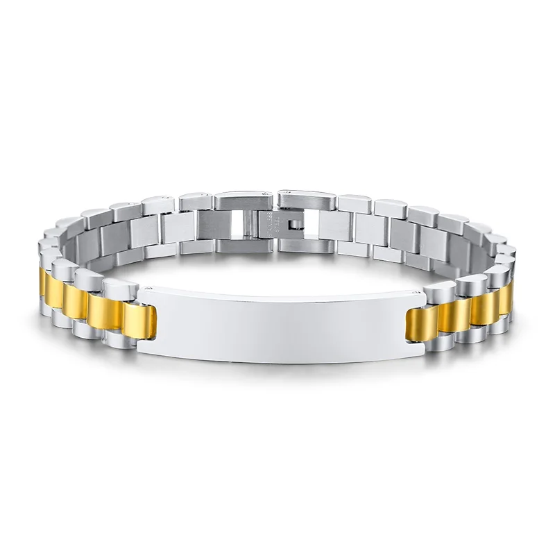 Гравировка мужские браслеты нержавеющая сталь часы Ссылка дизайн персонализированные ювелирные изделия черное золото серебро - Окраска металла: Gold Silver