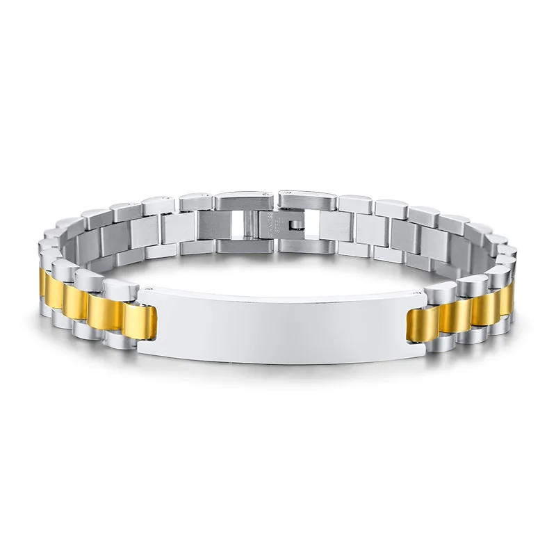 Gold Silver Гравировка мужские браслеты нержавеющая сталь часы Ссылка дизайн персонализированные ювелирные изделия черное золото серебро - Окраска металла: Gold Silver