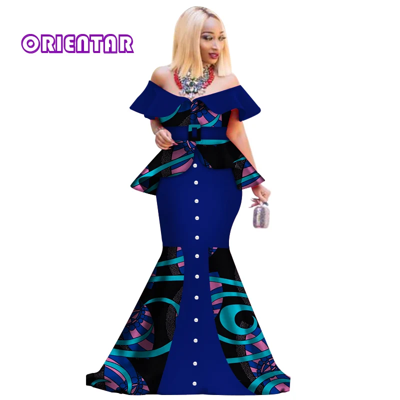 

Fashion Slash Neck African Dresses for Women African Print Patchwork Falbala Dress Lady Off Shoulder Evening Party Dress WY3096