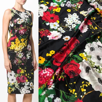 

100x140cm Fashion Multicolor flowers Printed Imitated Silk Satin Fabric For Woman Blouse Dress Pajamas Tela En tissu Sewing DIY